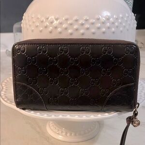 Gucci Long Brown Embossed Zip Wallet